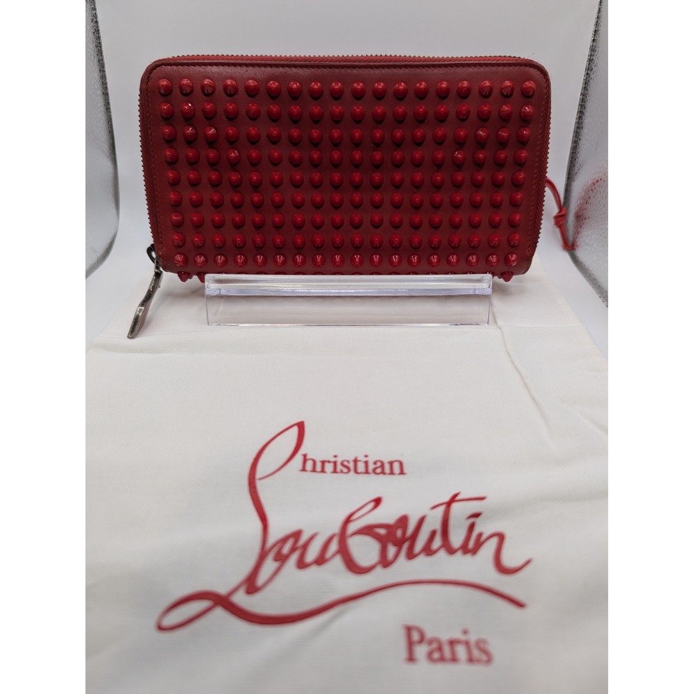 Christian Louboutin Panettone Red Leather Studded Zip Around Wallet Dustbag COA‎